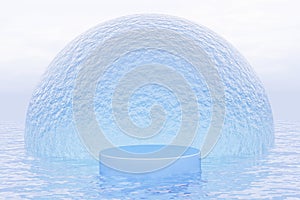 Abstact 3d render water scene and Natural podium background, Blue podium on the sea backdrop water ball with sky for product