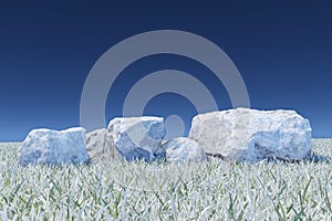 Abstact 3d render winter scene and Natural podium background, Rock stone snow on the grass field backdrop clear sky for product