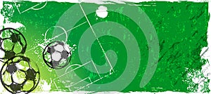 Abstact background with soccer ball, football, field, paint strokes and splashes, grungy frame, free copy space