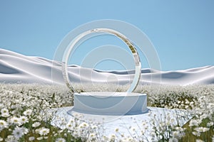 Abstact 3d render Natural background, White podium on the snow ground and flowers field, backdrop glass arch and clear sky for