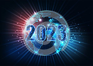 Abstract 2023 happy New Year to the world concept banner with globe map in futuristic glowing style
