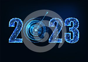 Abstract 2023 New Year resolution, plan, goals concept with glowing polygonal digits and target