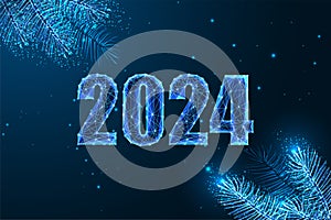 Abstract 2024 Happy New Year digital web banner with evergreen branches in futuristic style on blue