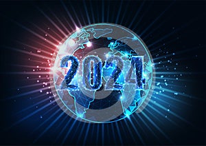 Abstract 2024 happy New Year to the world concept banner with globe map in futuristic glowing style