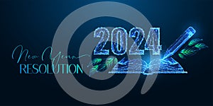 Abstract 2024 New Year resolution concept banner with open notebook, pencil and 2024 digits on blue