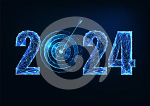 Abstract 2024 New Year resolution, plan, goals concept with glowing polygonal digits and target