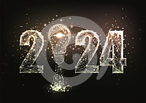 Abstract 2024 vision, startup concept banner. Futuristic glowing polygonal style on black background