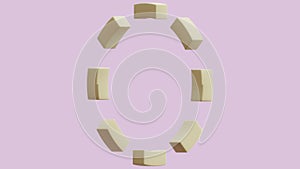 Abstract 3D animation loop of golden blocks rotating in a radial pattern on soft purple background