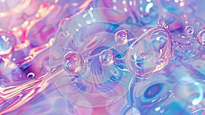 Abstract 3D art background with floating holographic liquid blobs, soap bubbles and metaballs.