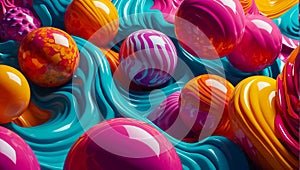 Abstract 3D background with balls, waves pattern fantasy dynamic bright futuristic