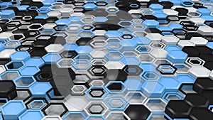 Abstract 3d background made of black, white and blue hexagons on white background