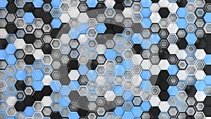 Abstract 3d background made of black, white and blue hexagons on white background