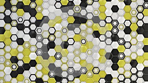 Abstract 3d background made of black, white and yellow hexagons on white background