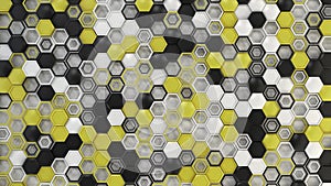 Abstract 3d background made of black, white and yellow hexagons on white background