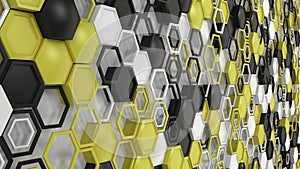 Abstract 3d background made of black, white and yellow hexagons on white background