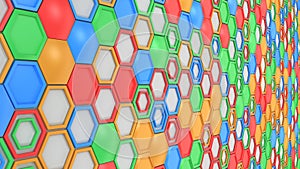 Abstract 3d background made of blue, red, green and orange hexagons on white background