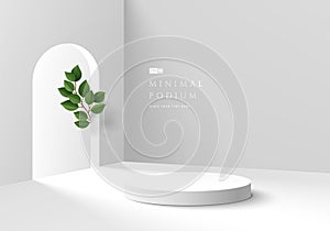 Abstract 3D background, Realistic white and gray cylinder pedestal podium with arch door and green leaves. Minimal wall scene for