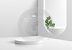 Abstract 3D background, Realistic white and gray cylinder pedestal podium in arch window and green leaf. Minimal wall scene for