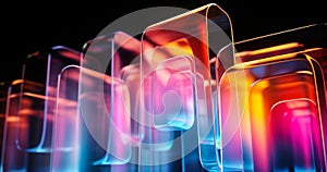 Abstract 3d background wallpaper with glass squares with colorful light emitter iridescent neon holographic gradient. Design