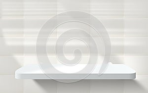 Abstract 3D bathroom or kitchen room tiled wall with realistic white podium or acrylic product shelf. Vector beige tile wall