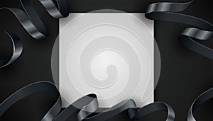 Abstract 3d black curved ribbon on black background with paper copy space for text. Black Friday luxury frame design style