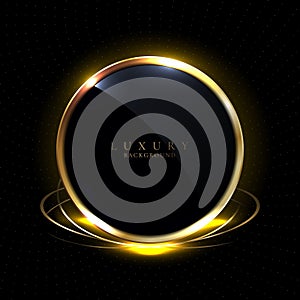 Abstract 3D black glossy circles golden ring round frame and lighting effect with gold particle on black background