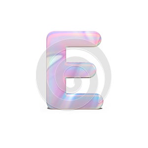 Abstract 3d capital letter E in bright holographic design. Realistic shiny alphabet on neon blue pink font, isolated white
