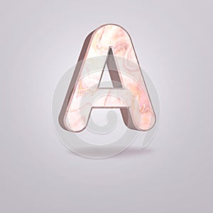 Abstract 3d capital letter A in pink marble. Realistic alphabet on modern font, isolated gray background. Vintage poster. Art