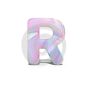 Abstract 3d capital letter R in bright holographic design. Realistic shiny alphabet on neon blue pink font, isolated white