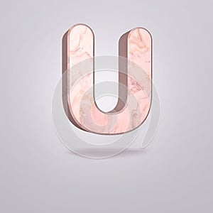 Abstract 3d capital letter U in pink marble. Realistic alphabet on modern font, isolated gray background. Vintage poster. Art