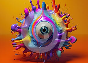 Abstract 3d colorful object with splashes and eye