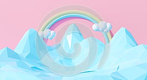 Abstract 3d cute rainbow sky cartoon landscape background scene. Sweet world candy cloud on pink pastel and blue mountains. Dream