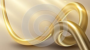 Abstract 3D elegant golden fluid, liquid wave curved lines and light sparking on gold background luxury style