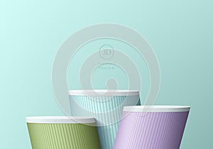 Abstract 3D empty room background with steps realistic blue, green, purple cylinder stand podium. Pastel minimal wall scene for