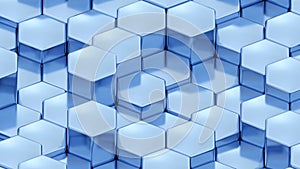 Abstract 3D geometric background, blue metal hexagons shapes, 3D honeycomb pattern