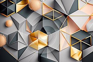Abstract 3d geometric background with gold, silver and black elements. Illustration.