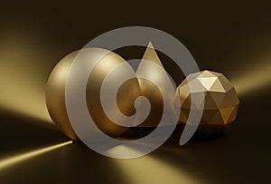 Abstract 3D Geometric Shapes in Gold Sphere, Cone and ico sphere