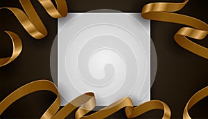 Abstract 3d gold curved ribbon on black background with paper copy space for text. Black Friday luxury frame design style