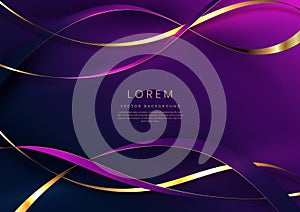 Abstract 3d gold curved ribbon on purple and dark blue background with lighting effect and sparkle with copy space for text.