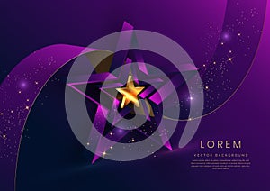 Abstract 3d gold curved ribbon on purple and dark blue background with lighting effect and sparkle with copy space for text.