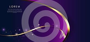 Abstract 3d gold curved ribbon on purple and dark blue background with lighting effect and sparkle with copy space for text.