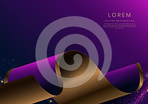 Abstract 3d gold curved ribbon on purple and dark blue background with lighting effect and sparkle with copy space for text.