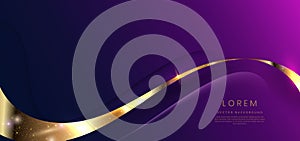 Abstract 3d gold curved ribbon on purple and dark blue background with lighting effect and sparkle with copy space for text.