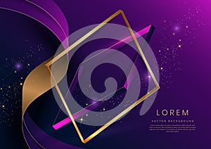 Abstract 3d gold curved ribbon on purple and dark blue background with lighting effect and sparkle with copy space for text.