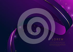 Abstract 3d gold curved ribbon on purple and dark blue background with lighting effect and sparkle with copy space for text.