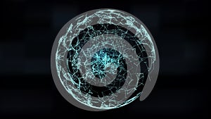 Abstract 3d Illuminated distorted Mesh Sphere . Neon Sign . Futuristic Technology HUD Element . Elegant Destroyed