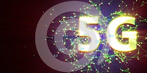 Abstract 3d illustration of 5G internet background. Global network high speed concept. 5G with  lines and shine on dark background