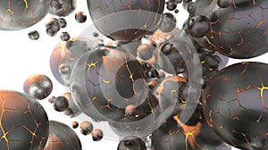 Abstract 3D illustration background full of cracked fire lava spheres of the various form and atom molecule hitech cell