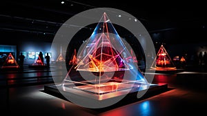 Abstract 3d illustration of a glass pyramid in a dark room , Nighttime Light Spectra with Triangular Prism Design