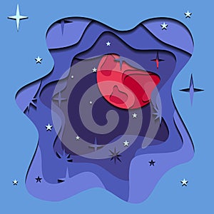 Abstract 3d illustration of night sky with Mars cut out of paper